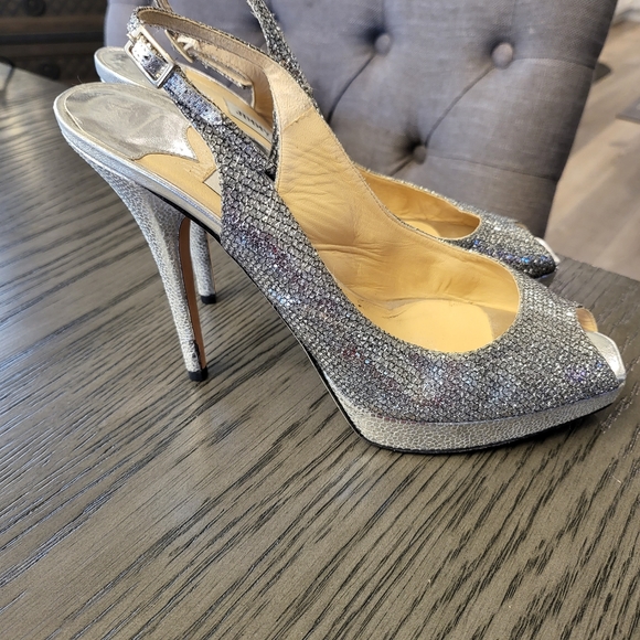 Jimmy Choo cocktail heels, 39.5 (9.5), silver glitter